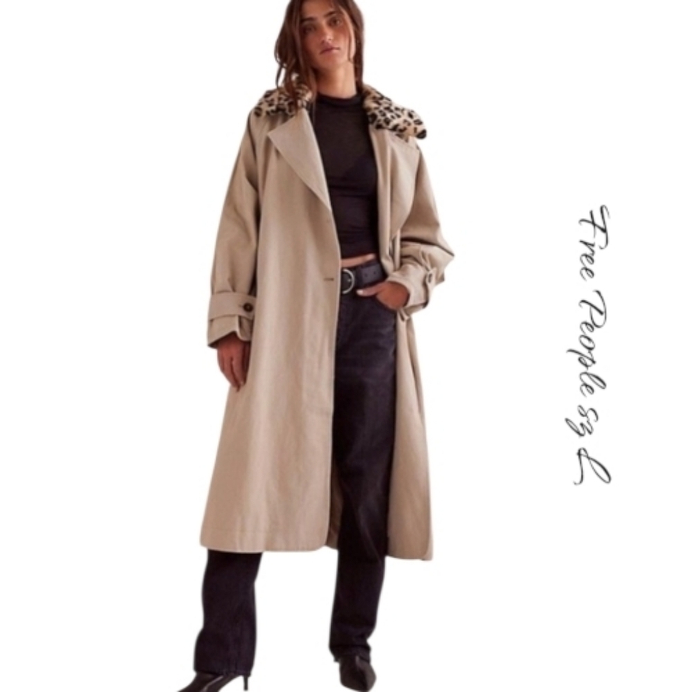 NWT Free People x REVOLVE Need It Trench Coat French Oak Leopard Collar Sz L